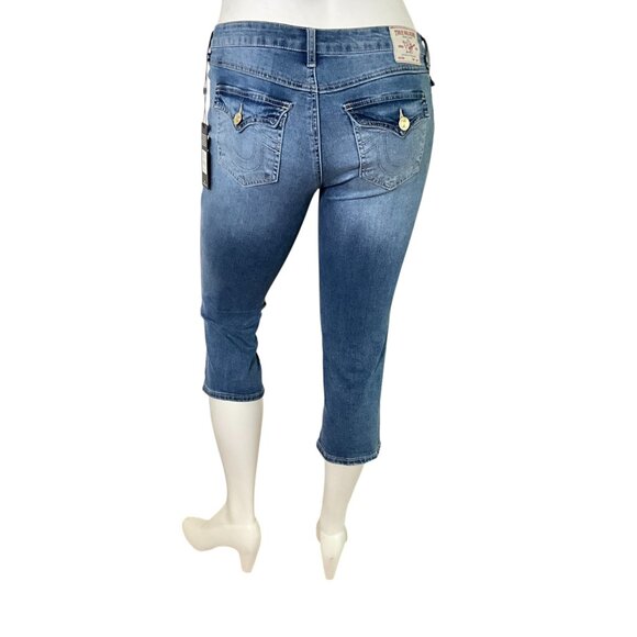 True Religion Billie SN Flap Straight Capri In Medium Tide Wash Blue 28 - Picture 1 of 11